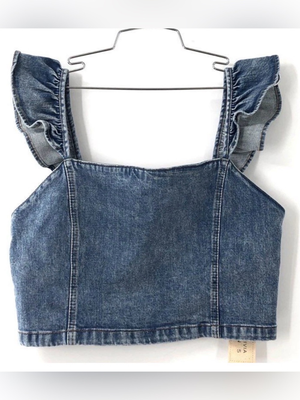 Alice + Olivia‎ Denim Ruffle Crop Top Size 12 NWT Western Boho Festival Chic